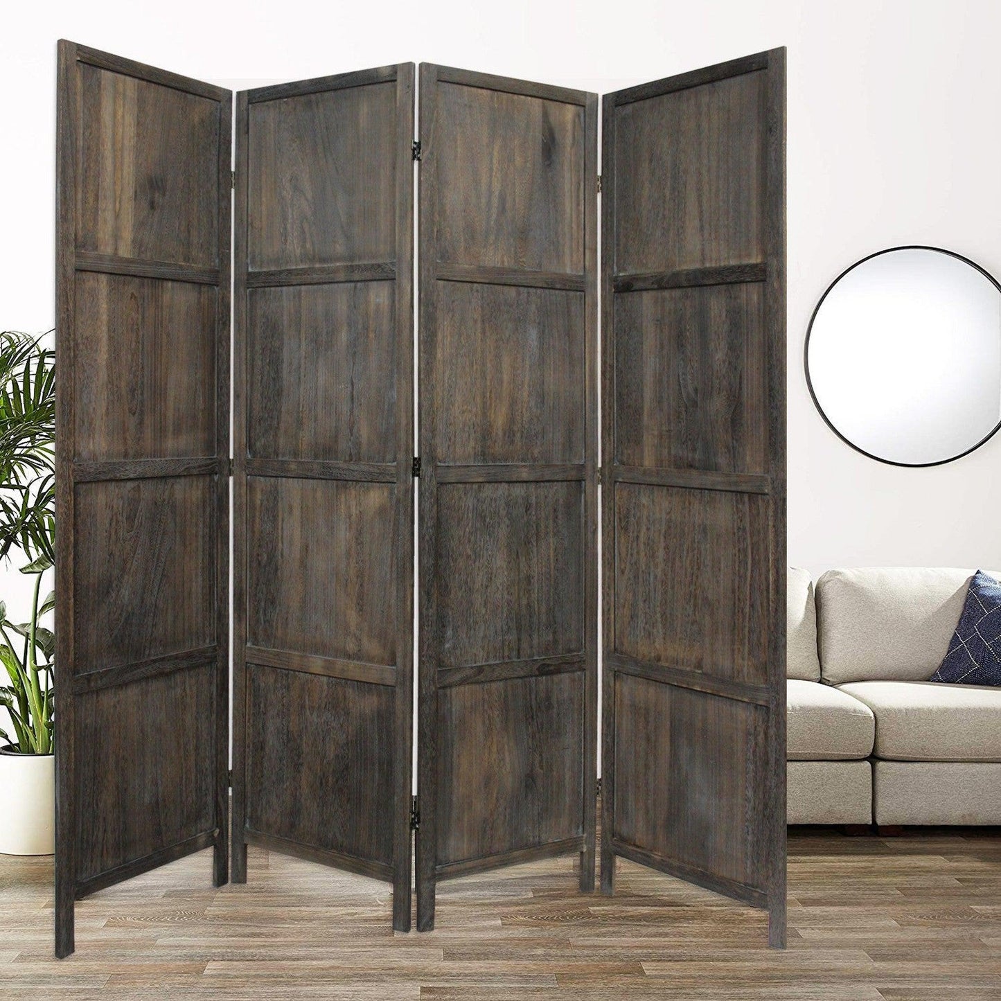 HomeRoots Modern Farmhouse Rustic Four Panel Room Divider Screen in Brown Finish