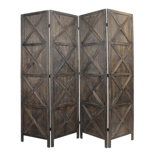 HomeRoots Modern Farmhouse Rustic Four Panel Room Divider Screen in Brown Finish