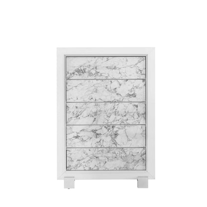 HomeRoots Modern White Cabinet With 5 Faux Marble Detailed Front Drawer.