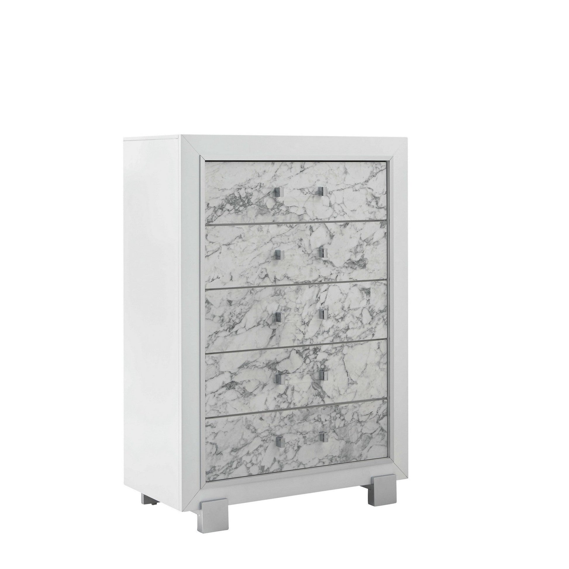 HomeRoots Modern White Cabinet With 5 Faux Marble Detailed Front Drawer.
