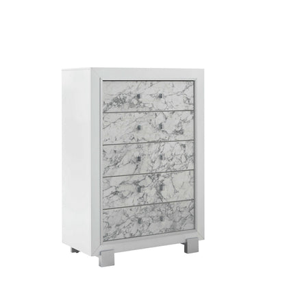 HomeRoots Modern White Cabinet With 5 Faux Marble Detailed Front Drawer.