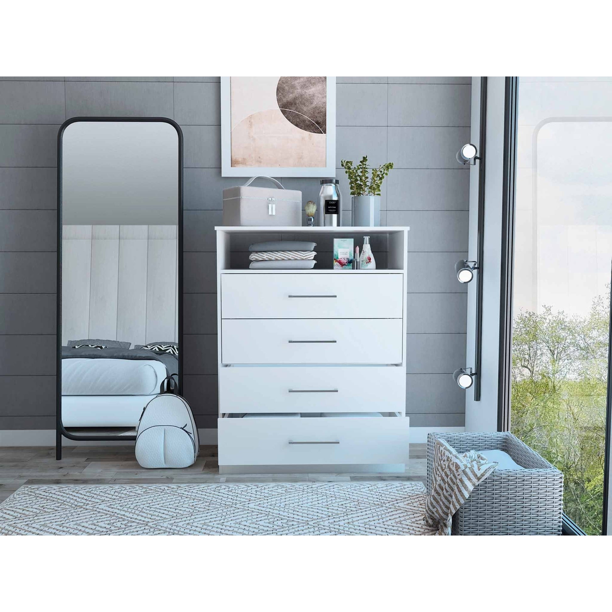 HomeRoots Modern White Four Drawer Dresser With Hutch