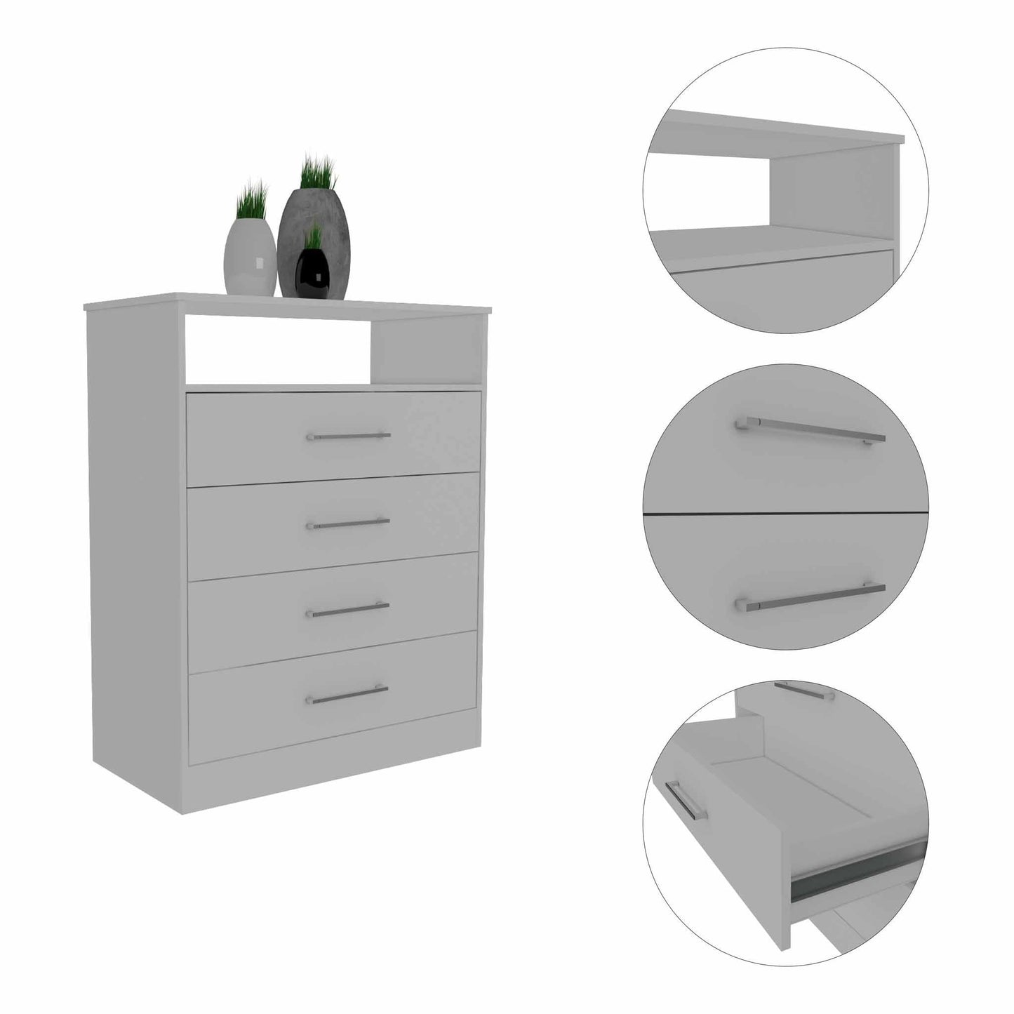 HomeRoots Modern White Four Drawer Dresser With Hutch
