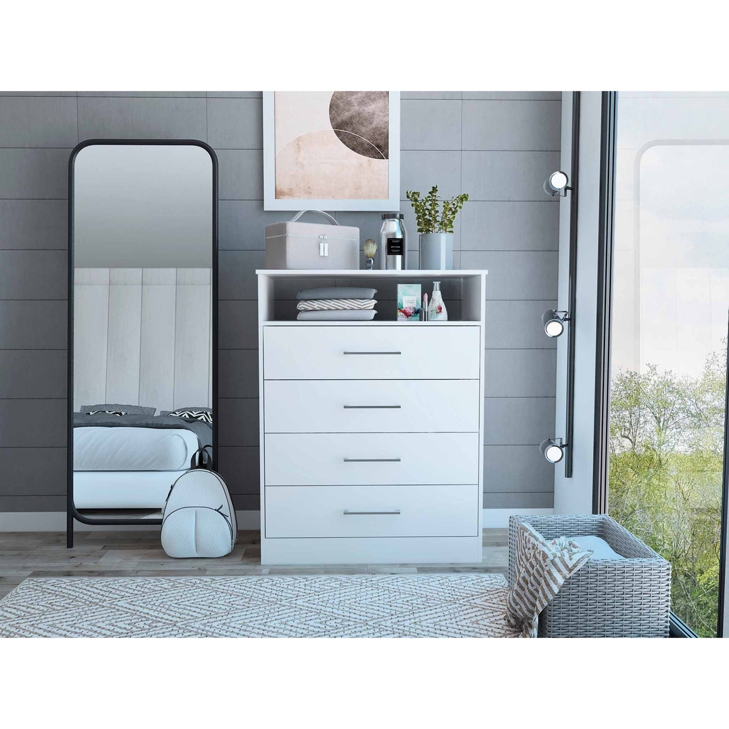 HomeRoots Modern White Four Drawer Dresser With Hutch