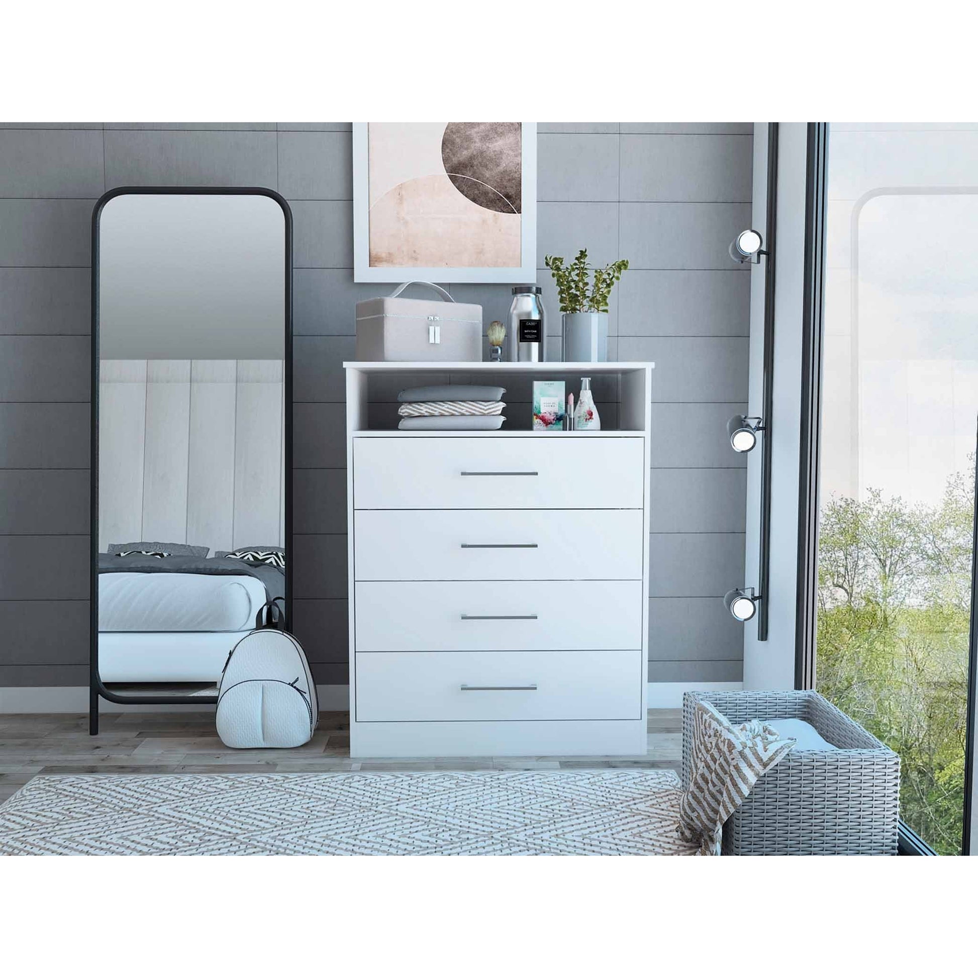 HomeRoots Modern White Four Drawer Dresser With Hutch