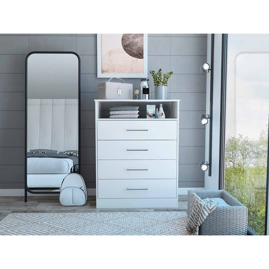 HomeRoots Modern White Four Drawer Dresser With Hutch