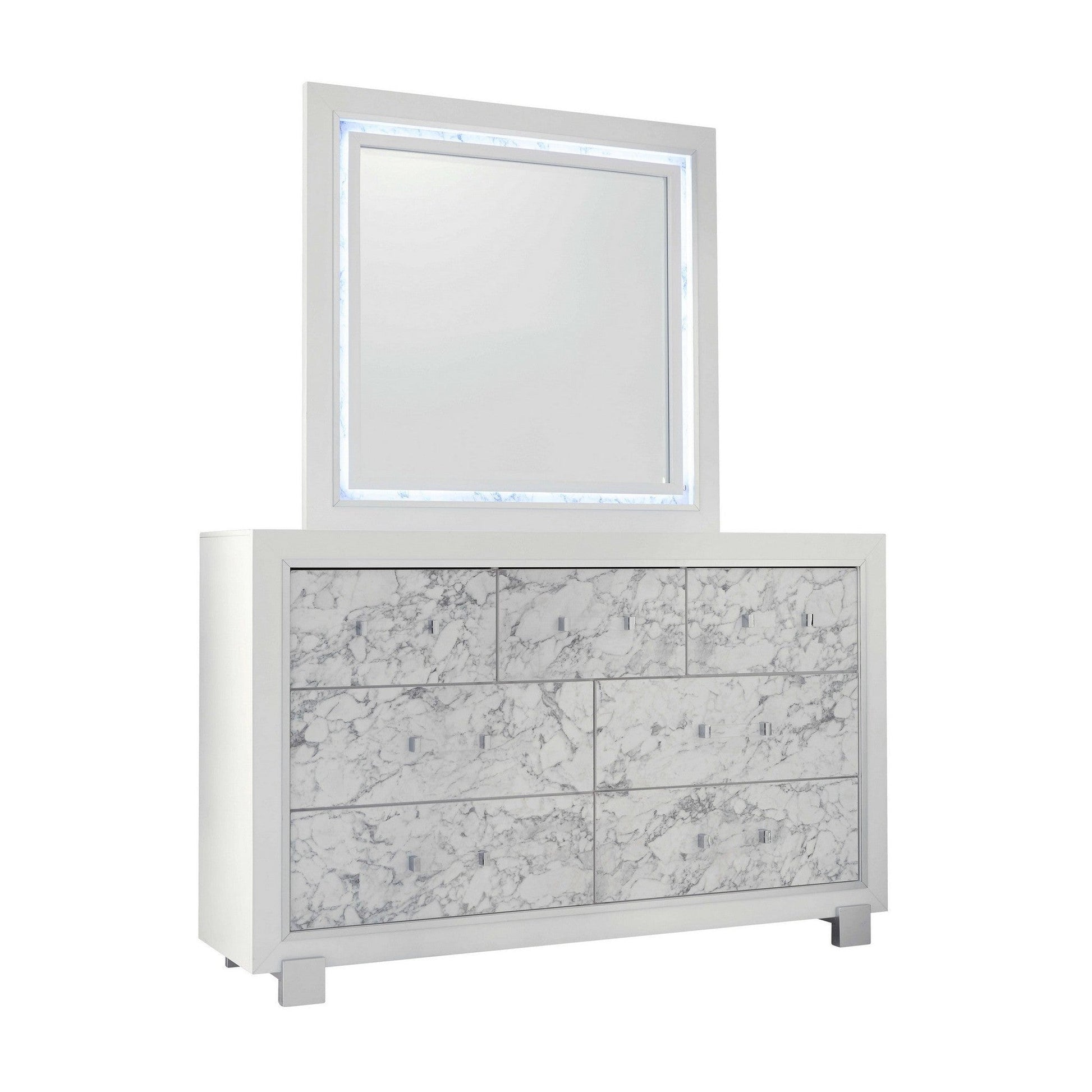 HomeRoots Modern White Mirror with Faux Marble Border Detail LED Lightning