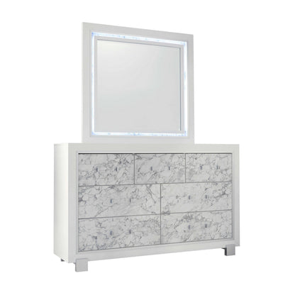 HomeRoots Modern White Mirror with Faux Marble Border Detail LED Lightning