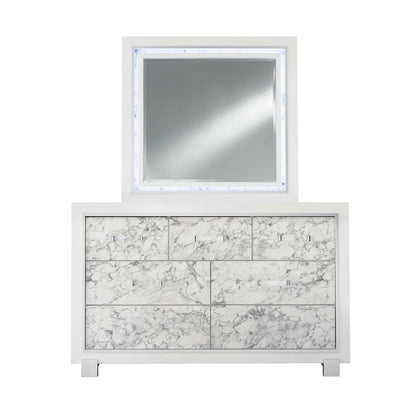 HomeRoots Modern White Mirror with Faux Marble Border Detail LED Lightning