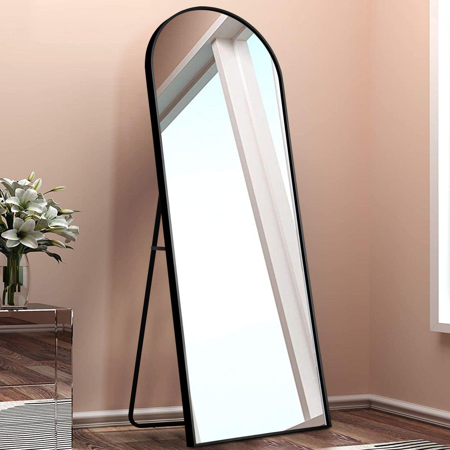 HomeRoots Narrow Black Arched Full Length Floor Mirror with Stand