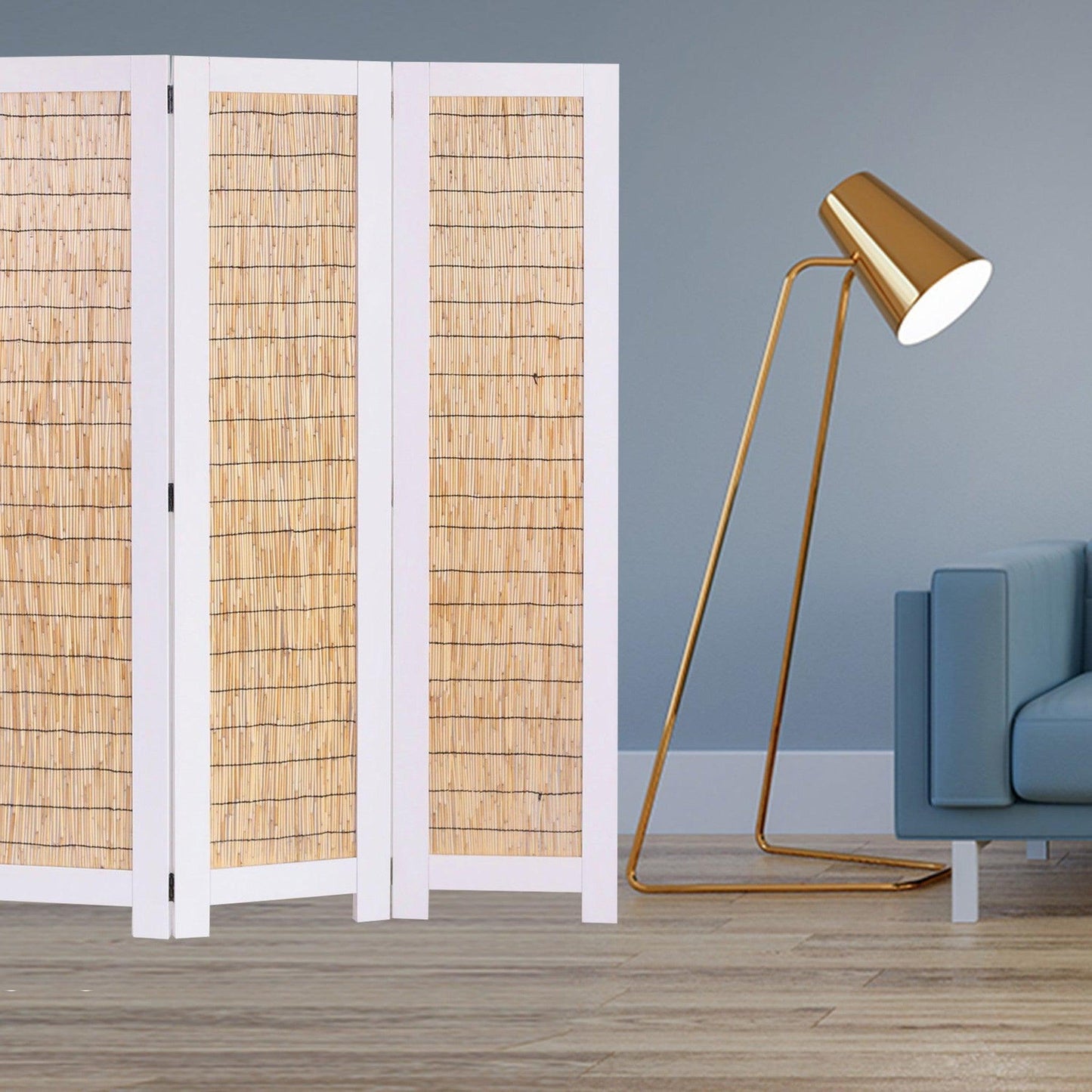HomeRoots Natural Three Panel Room Divider Screen With White Finish
