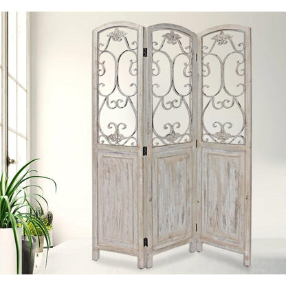 HomeRoots Romantic Scroll Three Panel Room Divider Screen With Whitewashed Finish