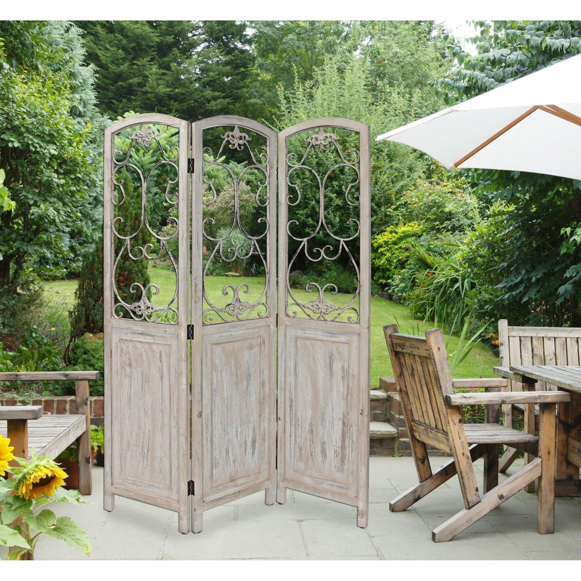 HomeRoots Romantic Scroll Three Panel Room Divider Screen With Whitewashed Finish