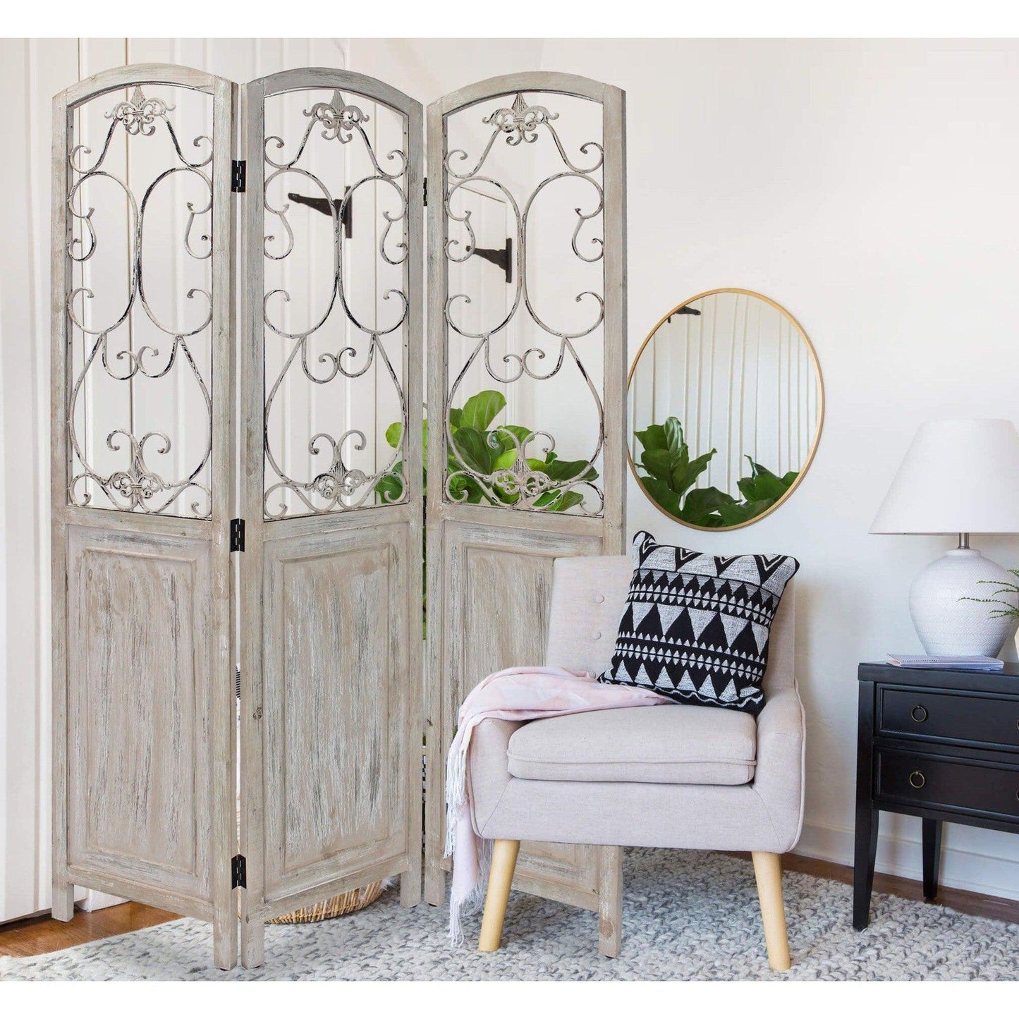 HomeRoots Romantic Scroll Three Panel Room Divider Screen With Whitewashed Finish