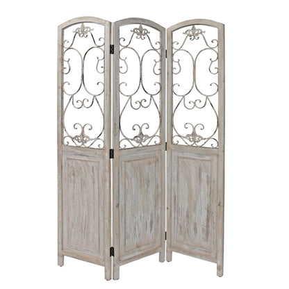 HomeRoots Romantic Scroll Three Panel Room Divider Screen With Whitewashed Finish