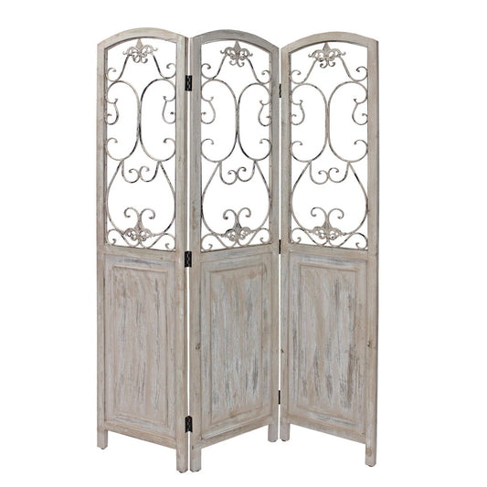 HomeRoots Romantic Scroll Three Panel Room Divider Screen With Whitewashed Finish