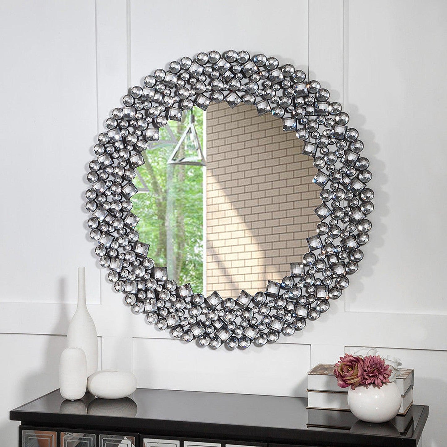 HomeRoots Round Diamond Jeweled Wall Mirror