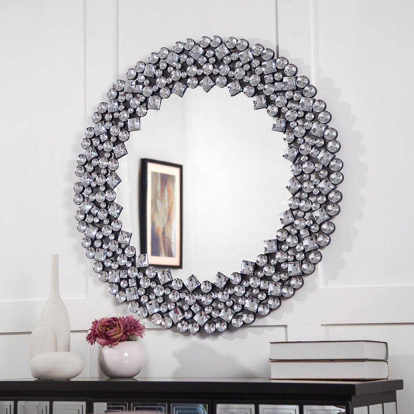 HomeRoots Round Diamond Jeweled Wall Mirror