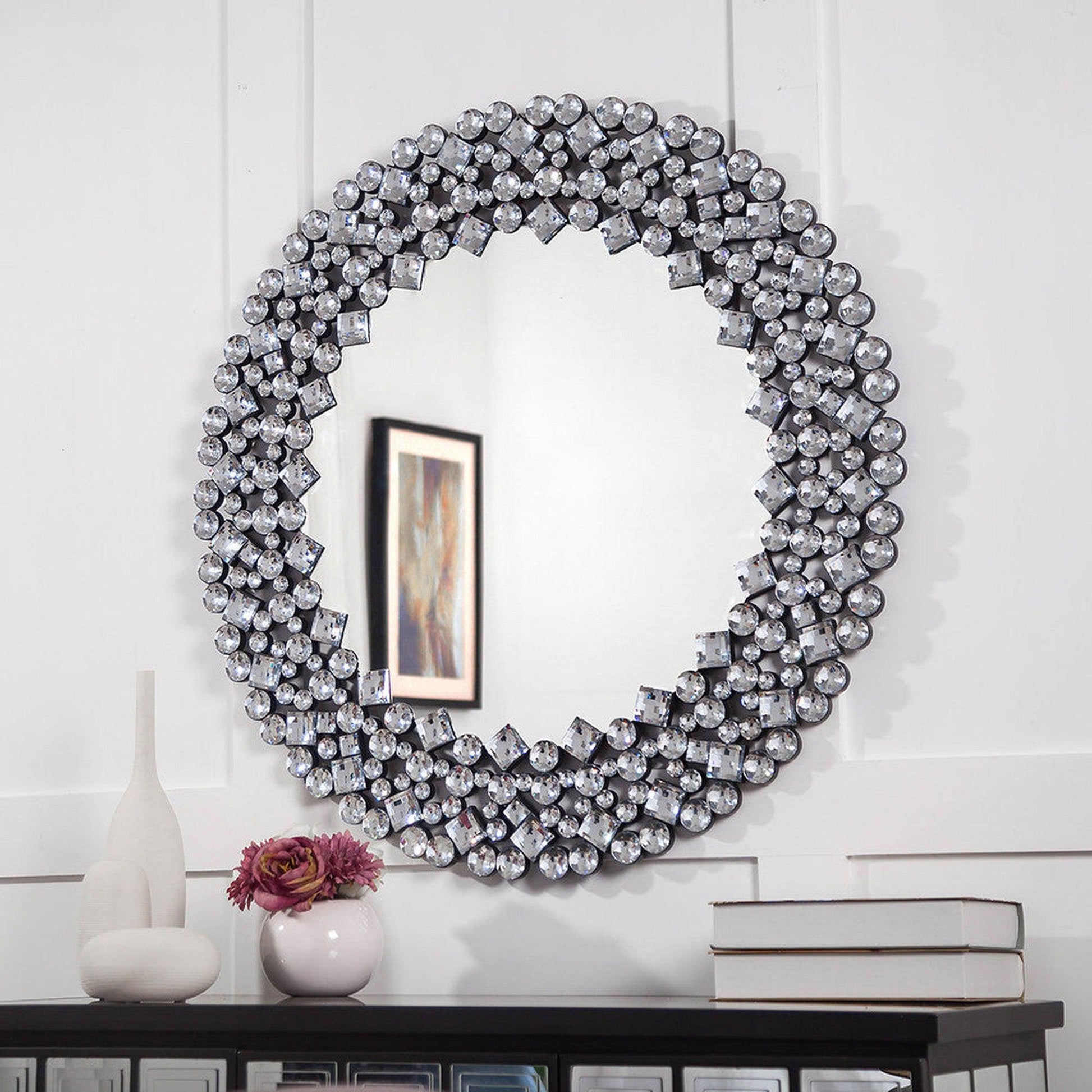 HomeRoots Round Diamond Jeweled Wall Mirror
