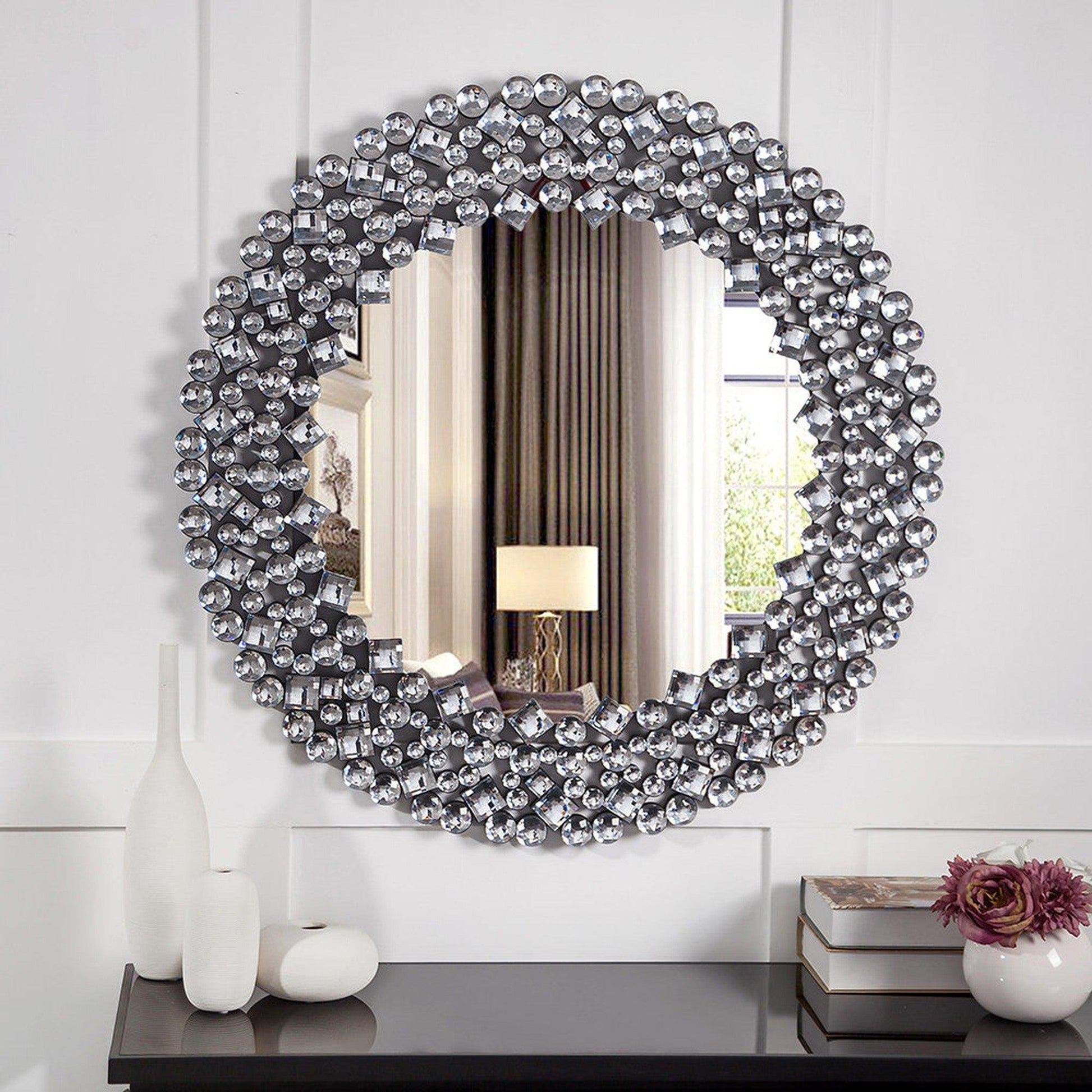 HomeRoots Round Diamond Jeweled Wall Mirror