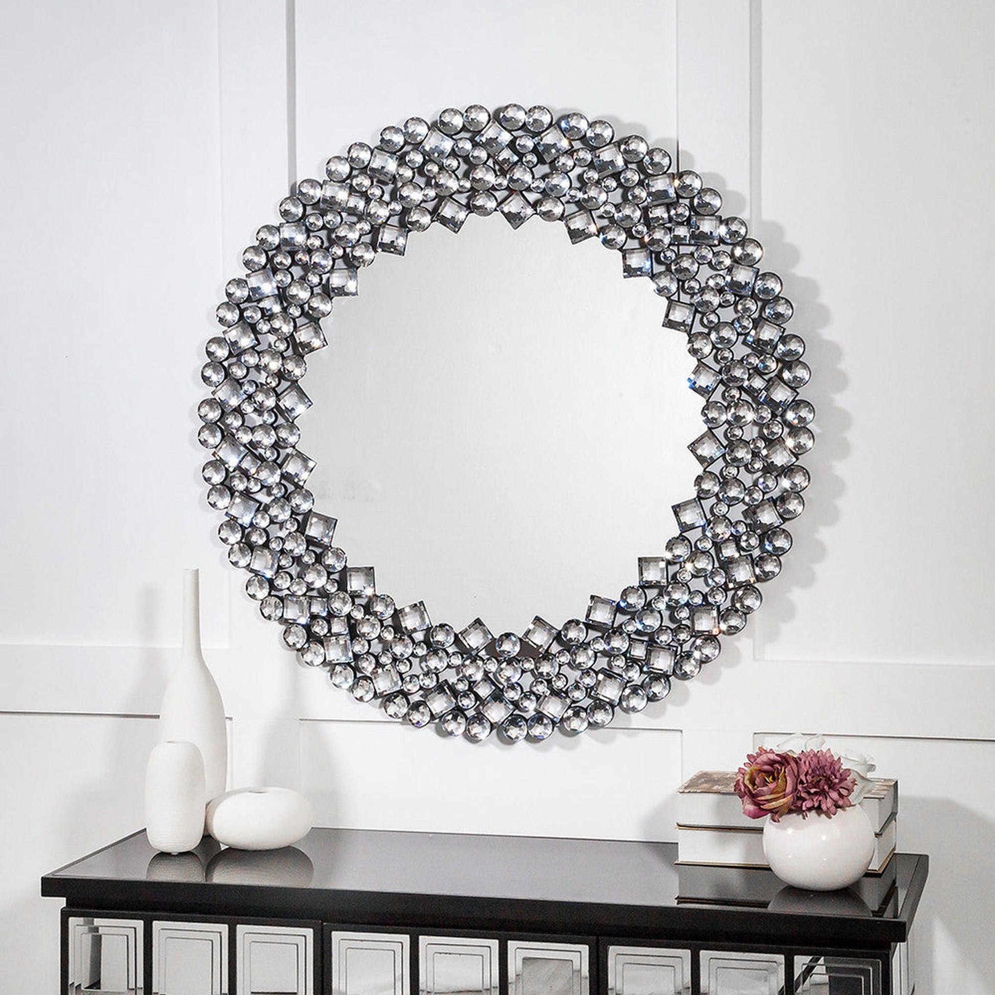 HomeRoots Round Diamond Jeweled Wall Mirror