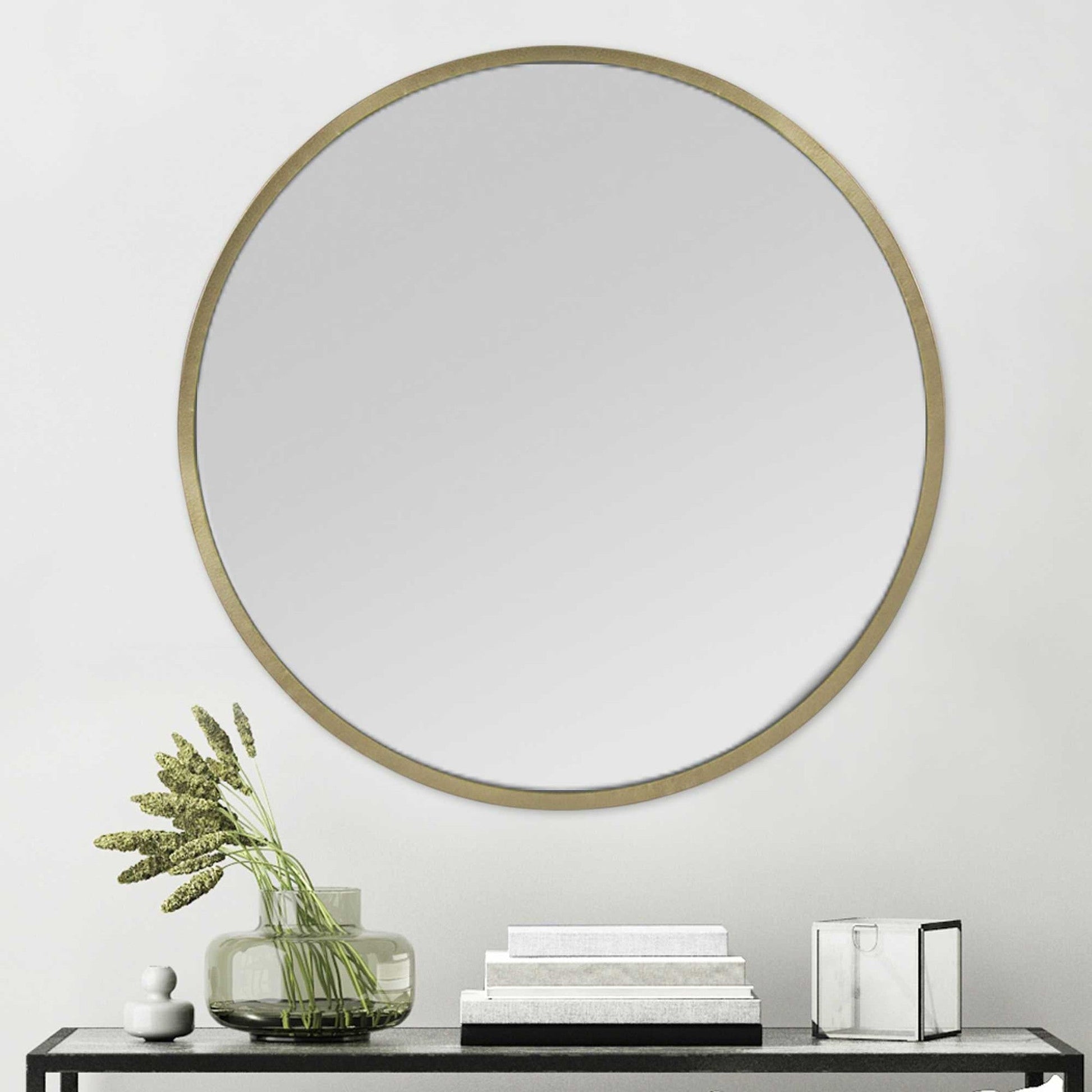 HomeRoots Round Wall Mirror with Matte Gold Finish