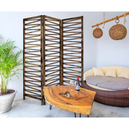HomeRoots Rustic Geo Design Wood Three Panel Room Divider Screen in Brown Finish