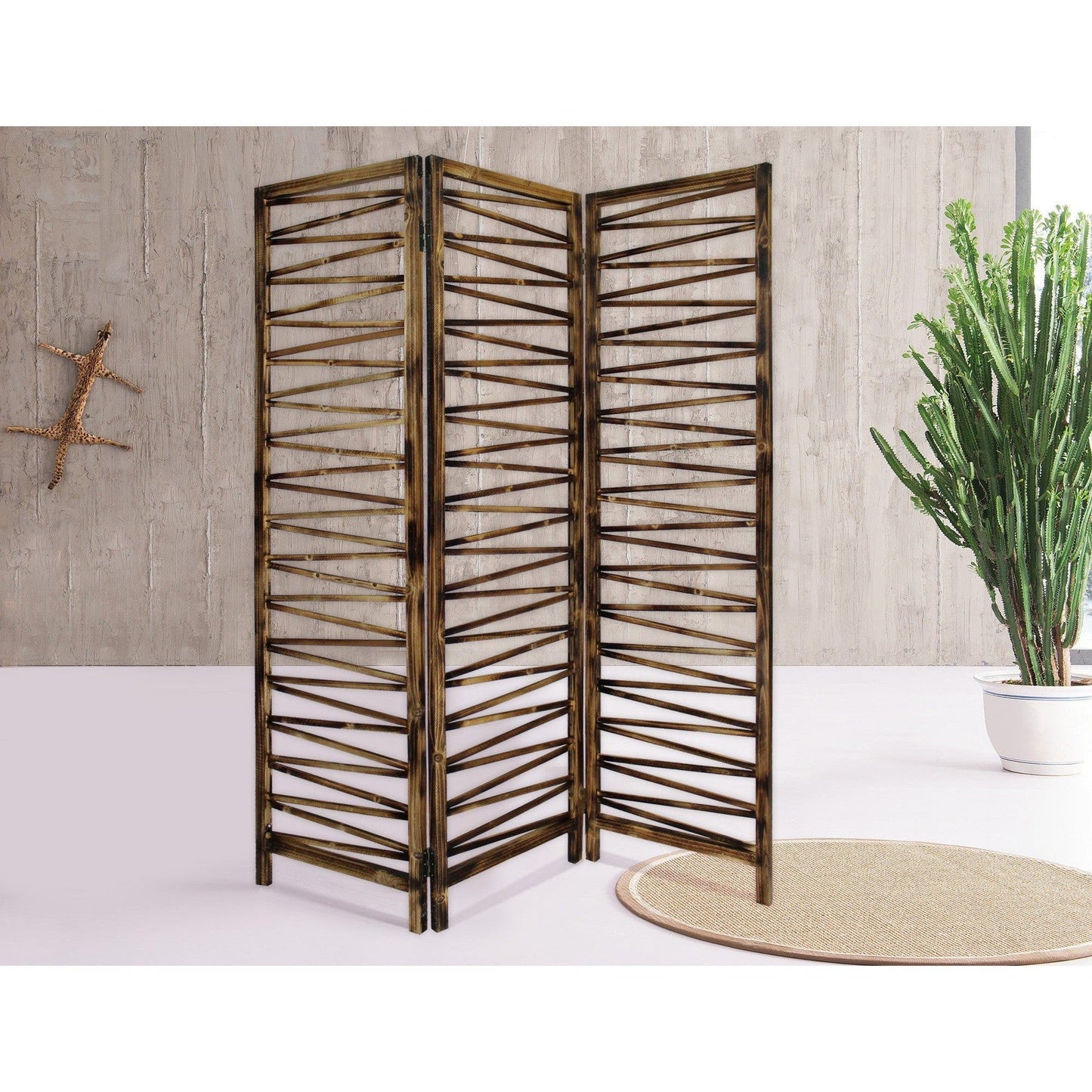 HomeRoots Rustic Geo Design Wood Three Panel Room Divider Screen in Brown Finish