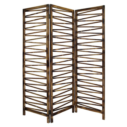 HomeRoots Rustic Geo Design Wood Three Panel Room Divider Screen in Brown Finish