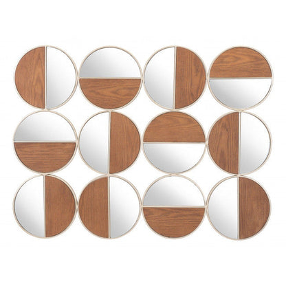 HomeRoots Set of 12 Round Gold and Walnut Finish Wall Mirrors