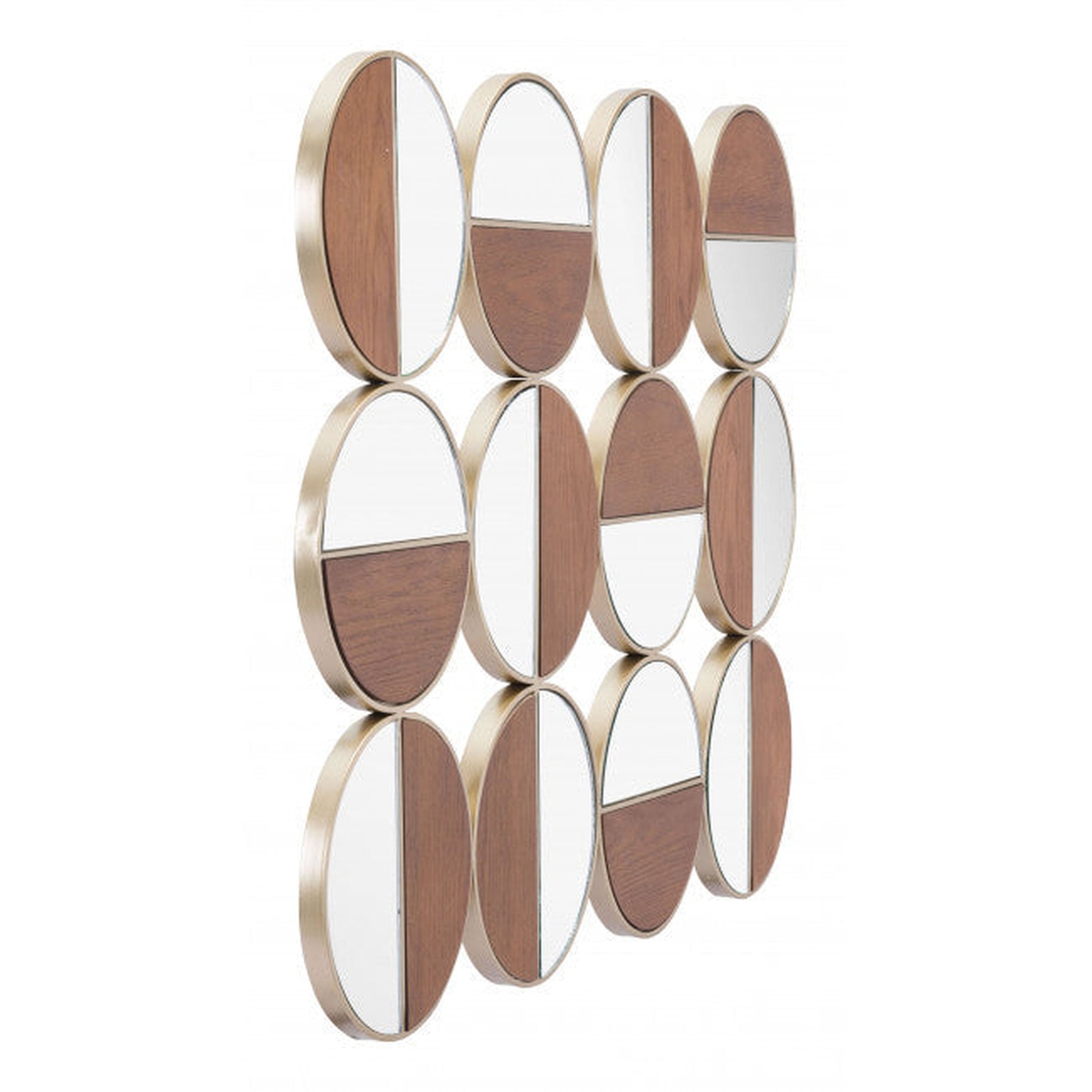 HomeRoots Set of 12 Round Gold and Walnut Finish Wall Mirrors