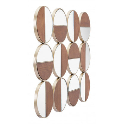 HomeRoots Set of 12 Round Gold and Walnut Finish Wall Mirrors