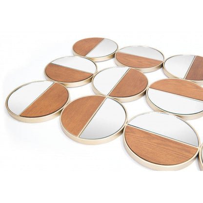 HomeRoots Set of 12 Round Gold and Walnut Finish Wall Mirrors