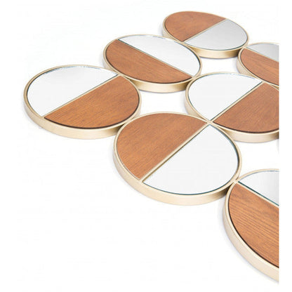 HomeRoots Set of 12 Round Gold and Walnut Finish Wall Mirrors