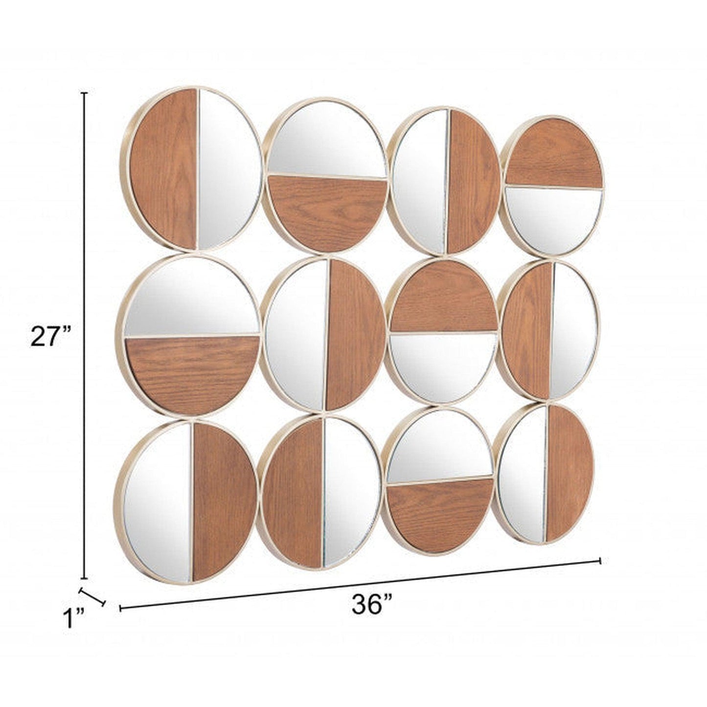 HomeRoots Set of 12 Round Gold and Walnut Finish Wall Mirrors