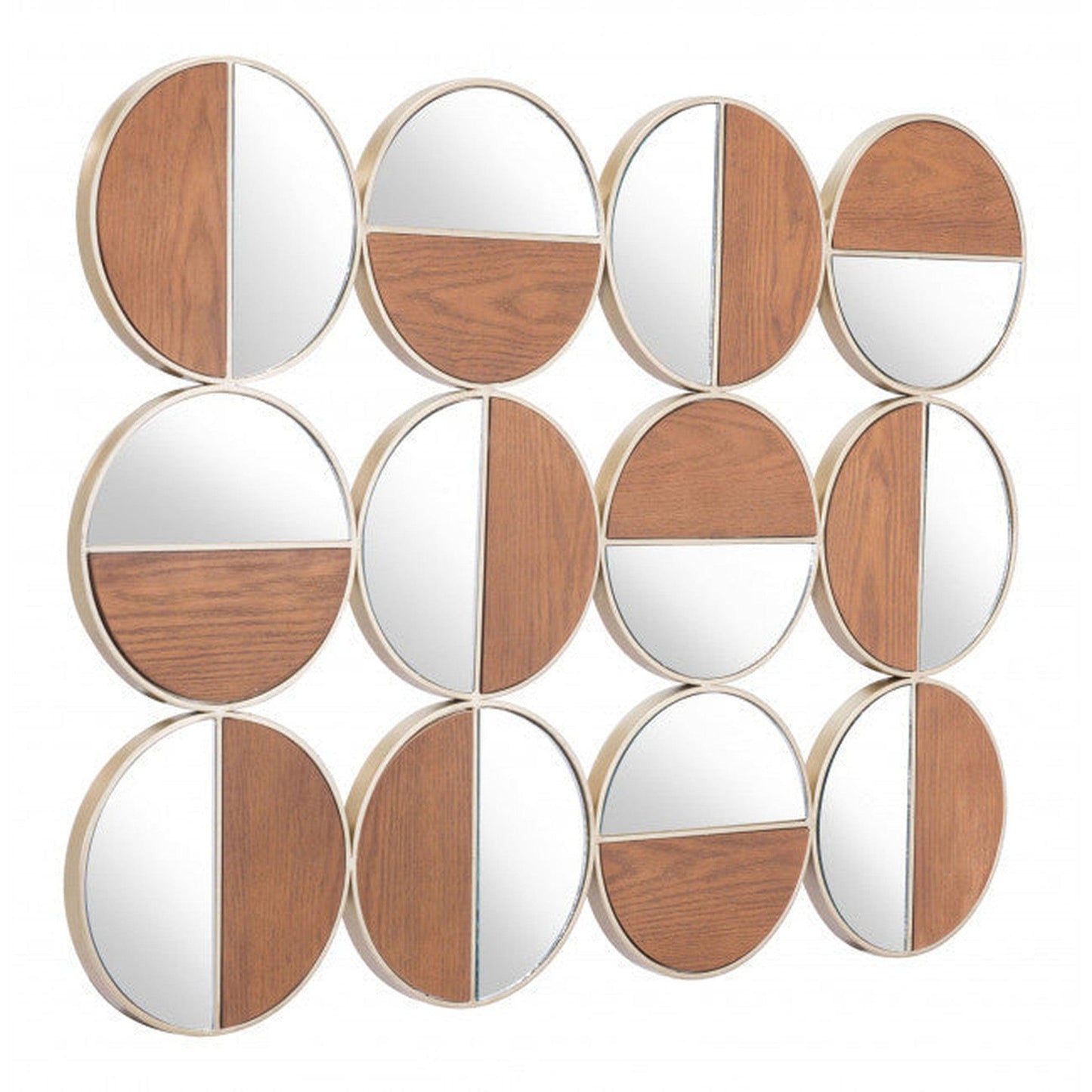 HomeRoots Set of 12 Round Gold and Walnut Finish Wall Mirrors