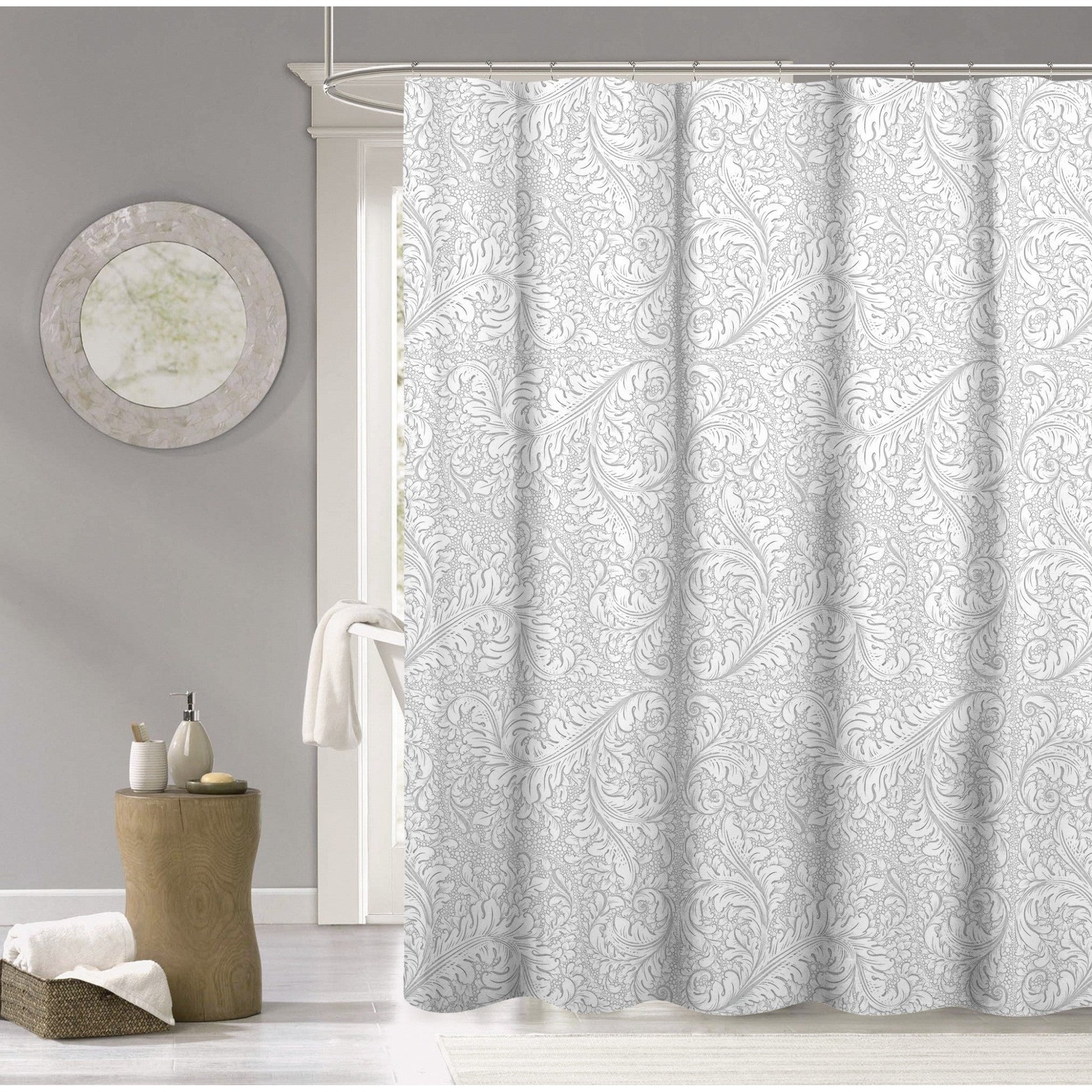 HomeRoots Silver Baroque Pattern Shower Curtain