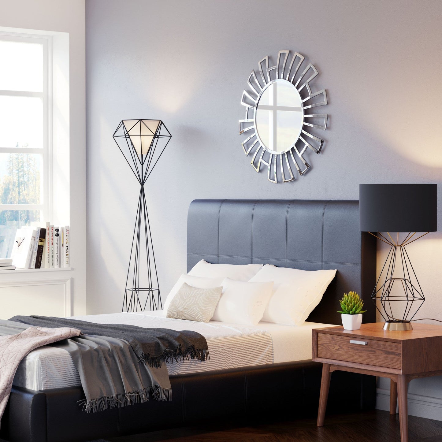 HomeRoots Silver Geometric Design Round Mirror