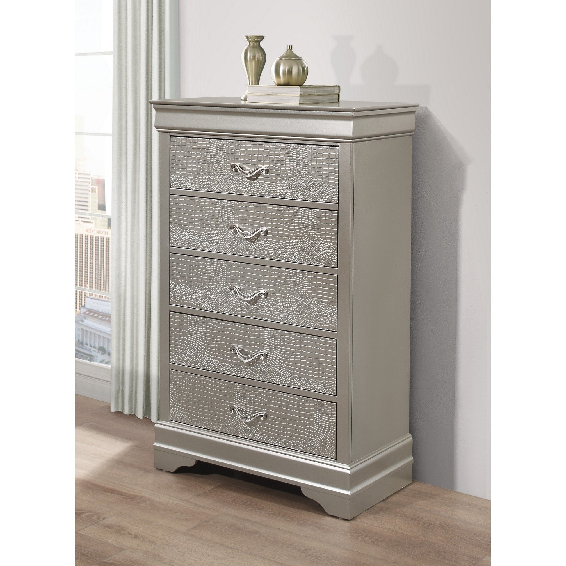 HomeRoots Silver Tone Cabinet With 5 Spacious Interior Drawers