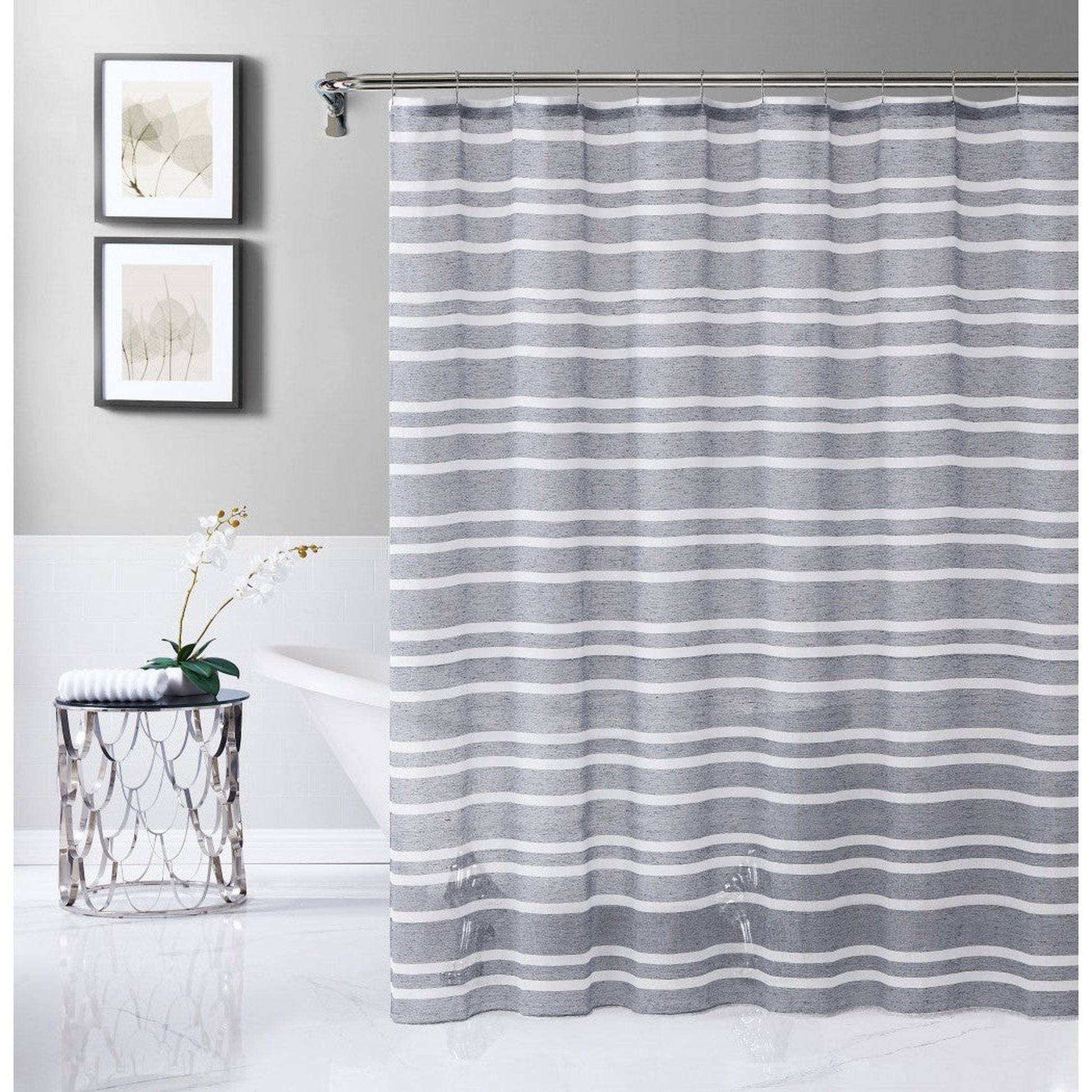 HomeRoots Silvery Gray And White Striped Shower Curtain