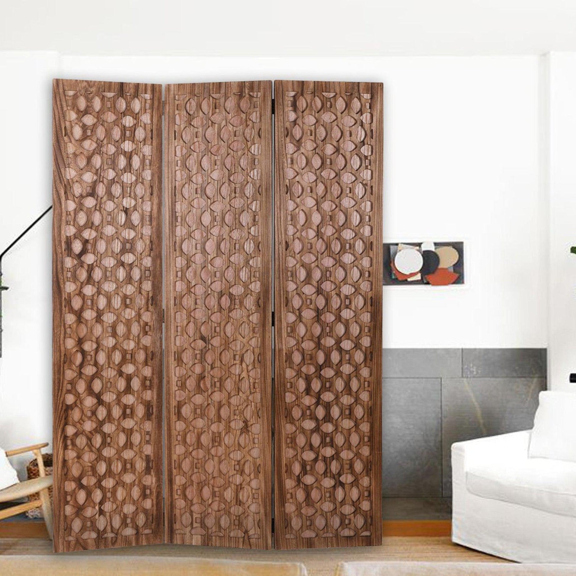 HomeRoots Stunning Carved Wood Room Divider Screen in Brown Finish