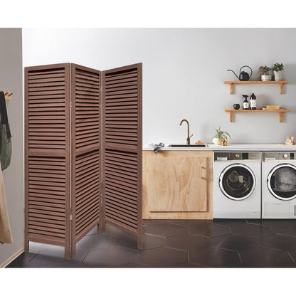 HomeRoots Stylish Three Panel Shutter Divider Screen in Washed Brown Finish