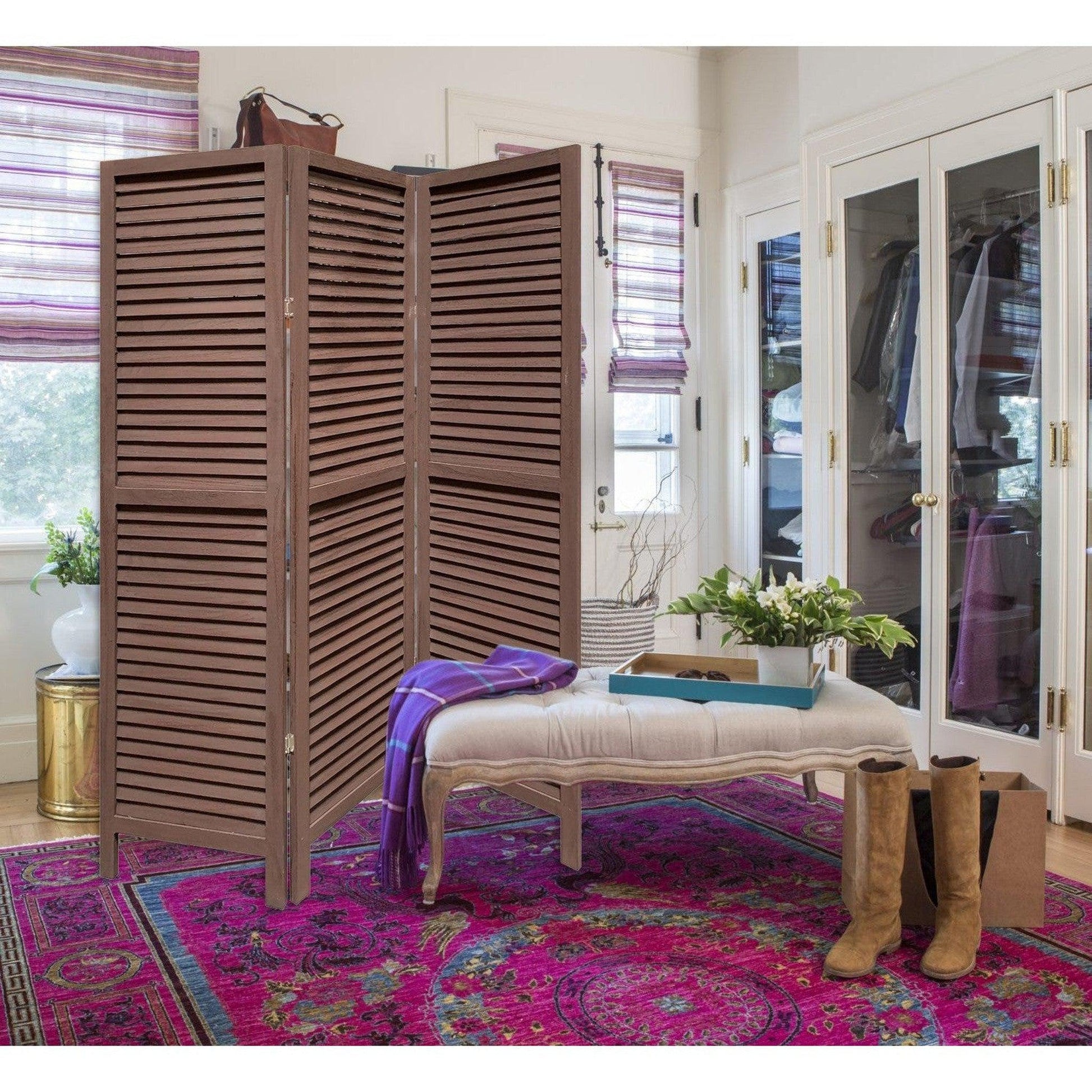 HomeRoots Stylish Three Panel Shutter Divider Screen in Washed Brown Finish