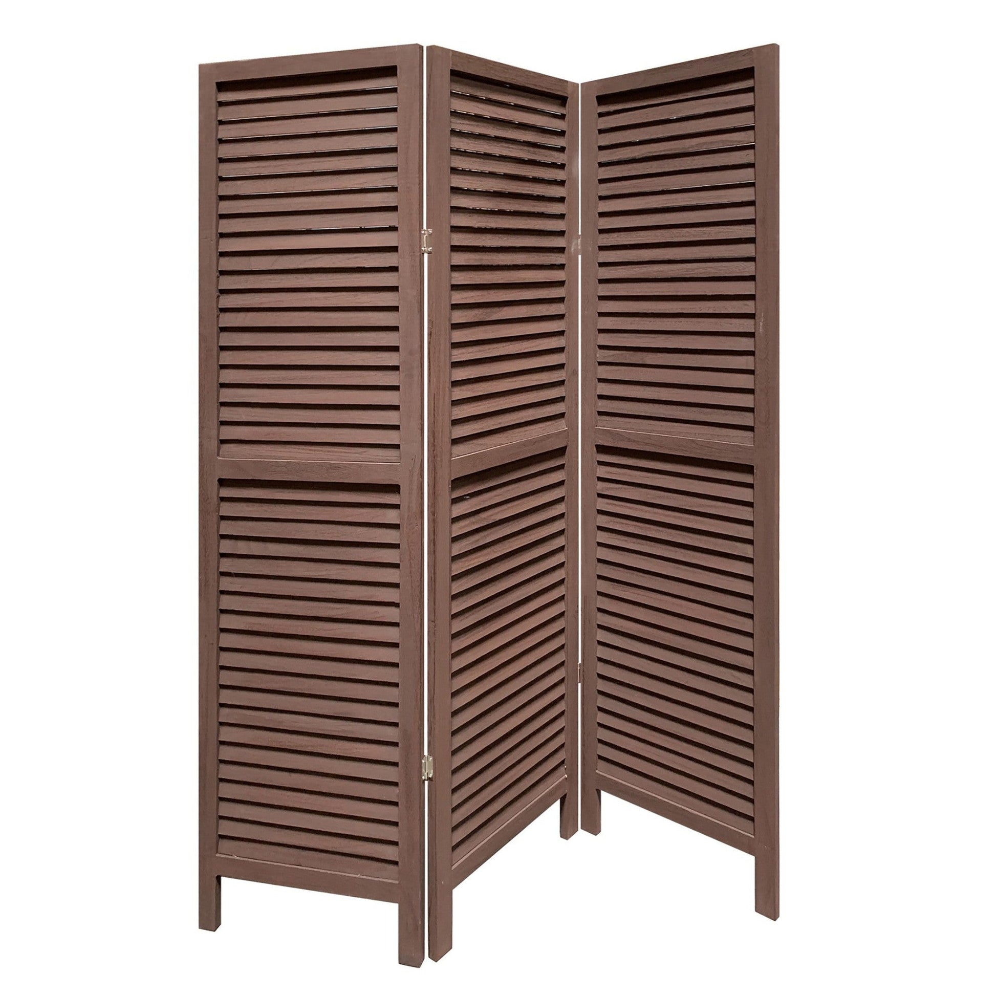 HomeRoots Stylish Three Panel Shutter Divider Screen in Washed Brown Finish