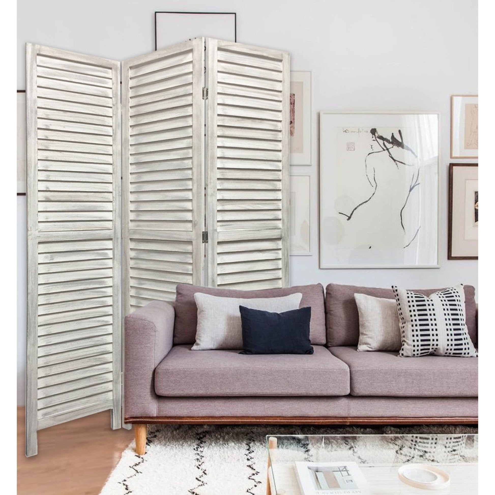 HomeRoots Stylish Three Panel Shutter Divider Screen in Washed White Finish