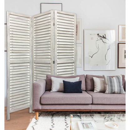 HomeRoots Stylish Three Panel Shutter Divider Screen in Washed White Finish