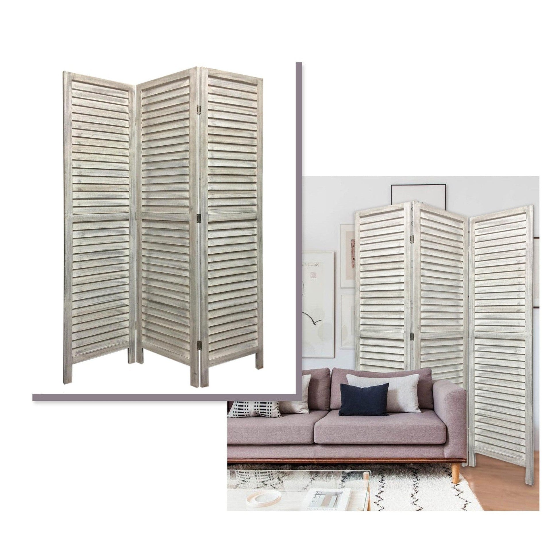 HomeRoots Stylish Three Panel Shutter Divider Screen in Washed White Finish