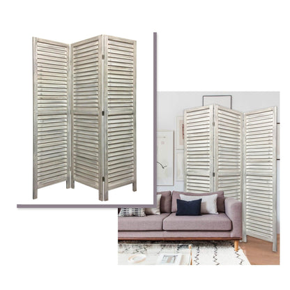 HomeRoots Stylish Three Panel Shutter Divider Screen in Washed White Finish