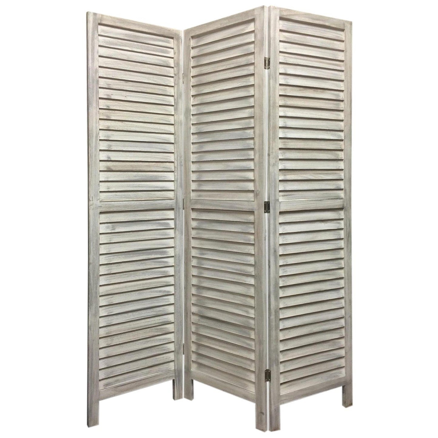 HomeRoots Stylish Three Panel Shutter Divider Screen in Washed White Finish