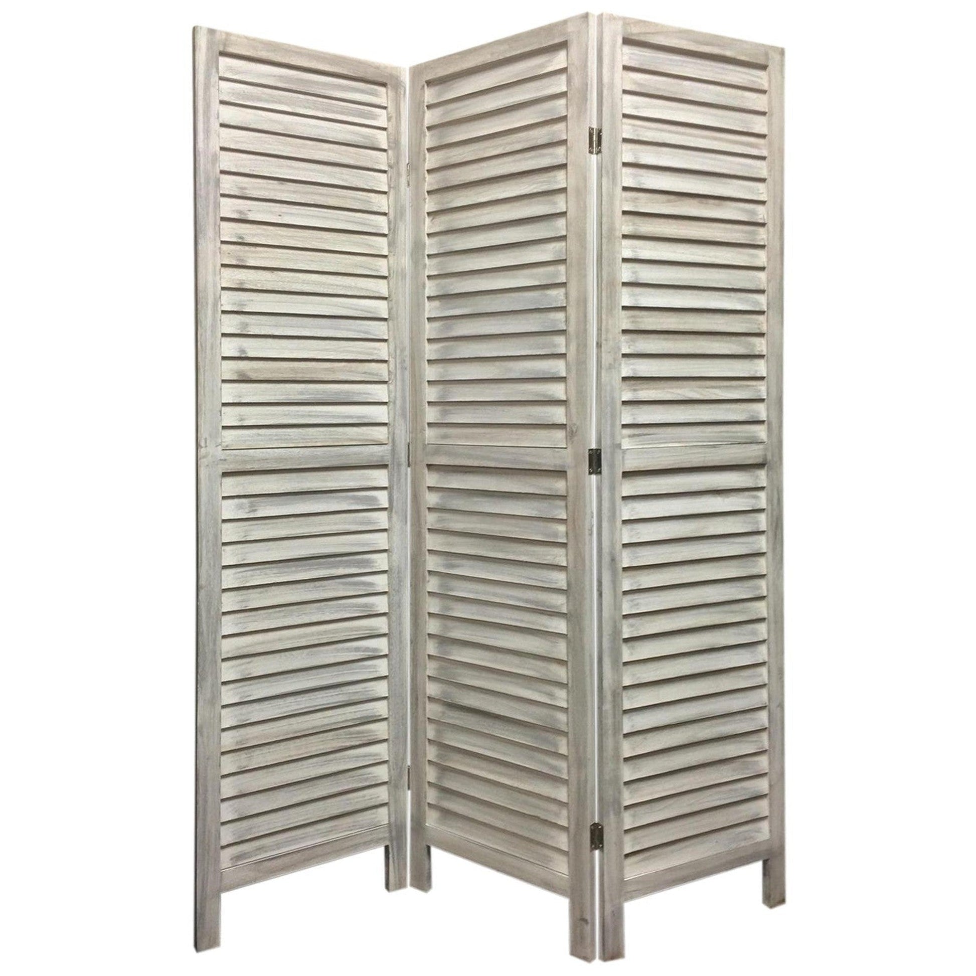HomeRoots Stylish Three Panel Shutter Divider Screen in Washed White Finish